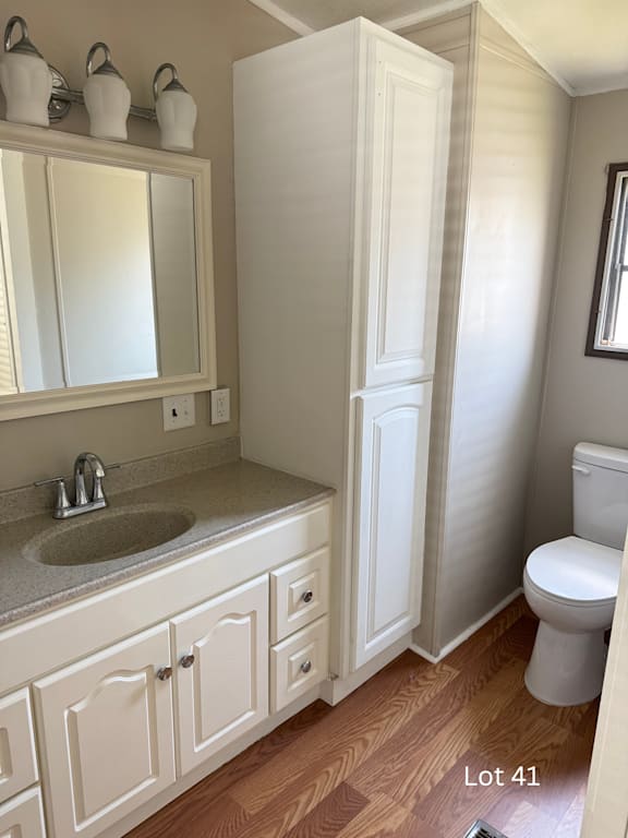 A bathroom with a sink, toilet, and wooden floors.