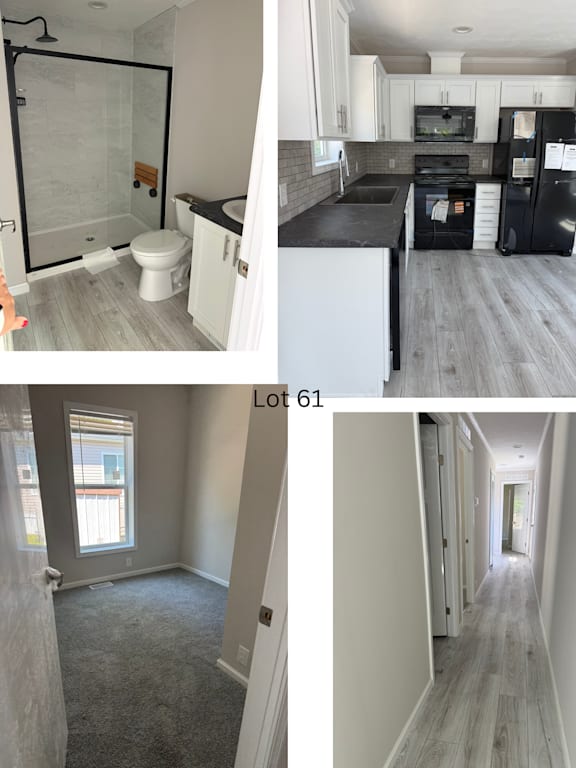 A series of images showing a small apartment with a kitchen, bathroom, and hallway.