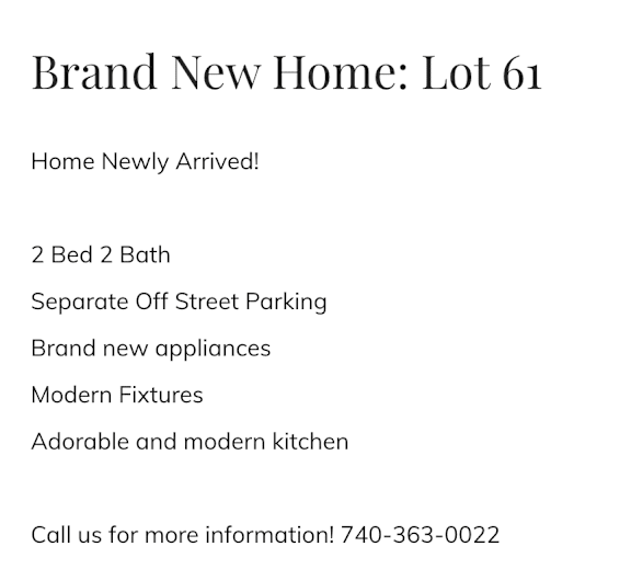 A white background with text detailing a new home listing.