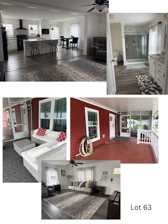 A collage of images showcasing various rooms and features of a property, including a living room, kitchen, and outdoor areas.
