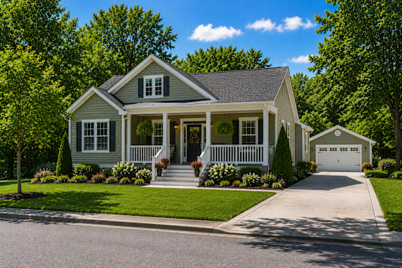 Floor Plan  A house with a grey roof and white trim is surrounded by greenery.