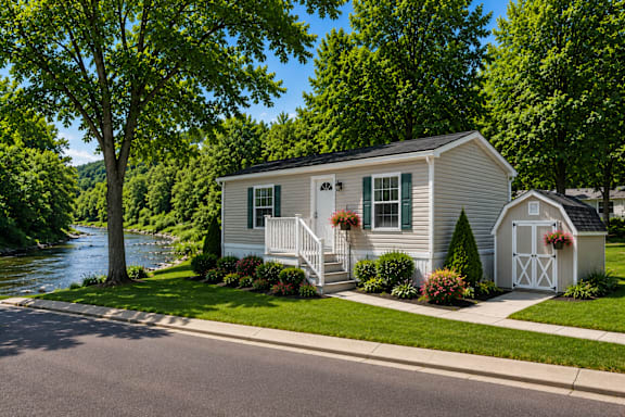 Floor Plan  A house with a porch and a white fence is surrounded by greenery and a river.