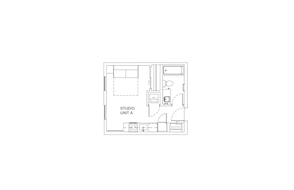 A floor plan of a studio apartment layout.