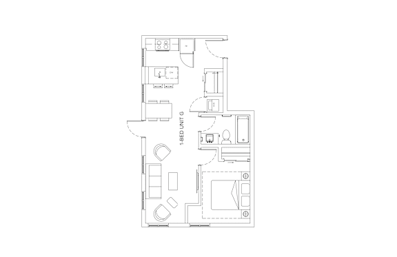 A floor plan of a house with a kitchen, living room, and two bedrooms.