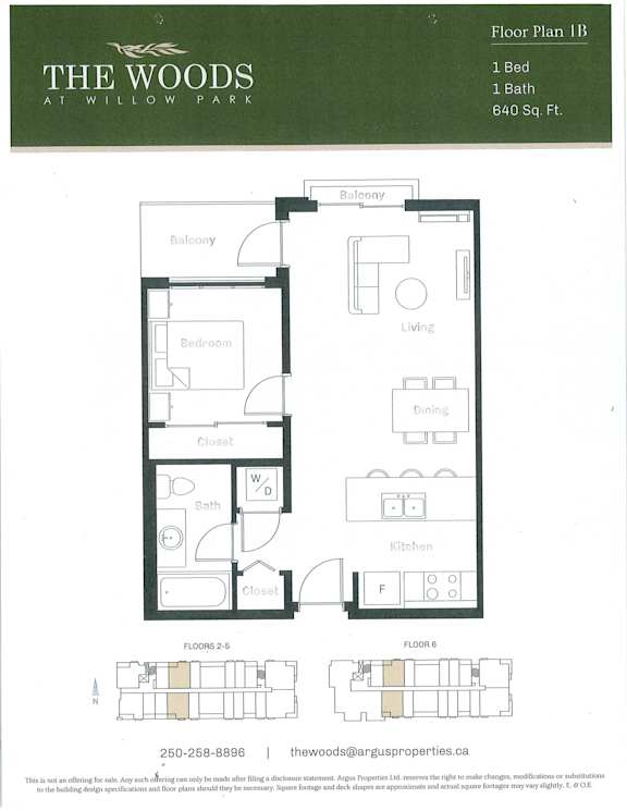 A floor plan for a one bedroom, one bathroom apartment at Willow Park.