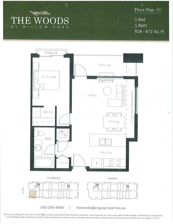 A floor plan for a one bedroom apartment at The Woods at Willow Park.