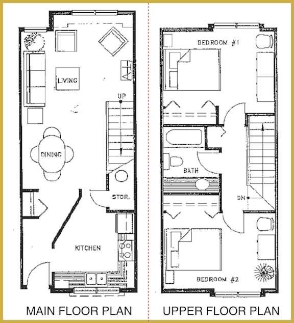 A floor plan shows a main floor with a living area, dining area, kitchen, and a storage space, and an upper floor with two bedrooms.