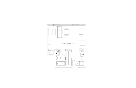 A floor plan of a studio apartment layout.