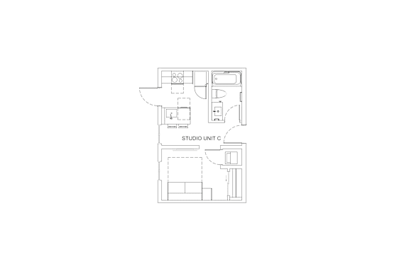 A drawing of a floor plan for a studio apartment.
