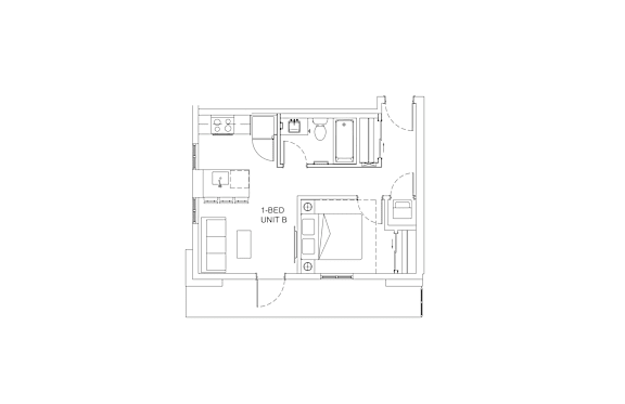 A floor plan of a room with a bed, desk, and chair.