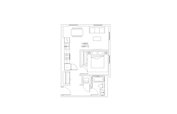 A floor plan of a one bedroom unit.