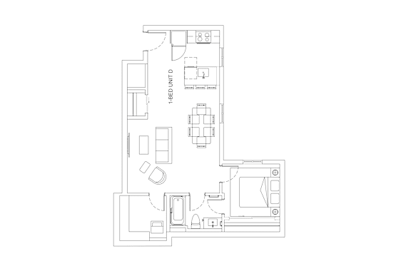 A floor plan of a room with furniture and appliances.