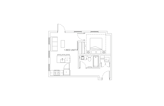 A floor plan of a 1-bedroom unit with a kitchen, living room, and bathroom.