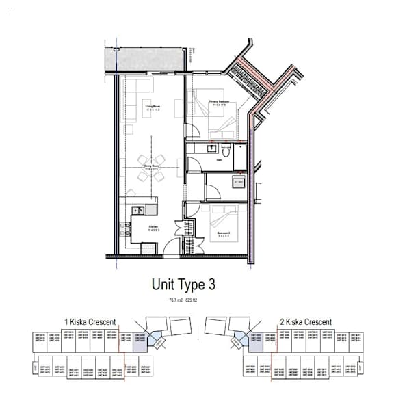 A floor plan of Unit Type 3 with two Kiska Crescents.