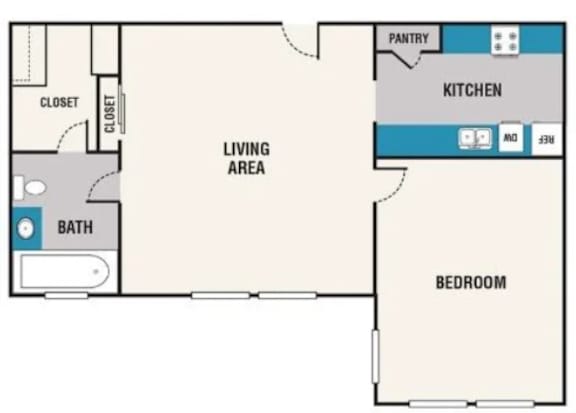 A floor plan of a room with a living area, kitchen, pantry, bath, and bedroom.