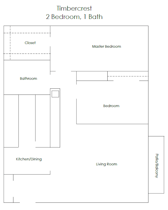 A floor plan of a Timbercrest 2 Bedroom, 1 Bath property.