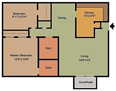 A floor plan of a house with a master bedroom, two bathrooms, a living room, a dining room, a kitchen, and a deck/patio.