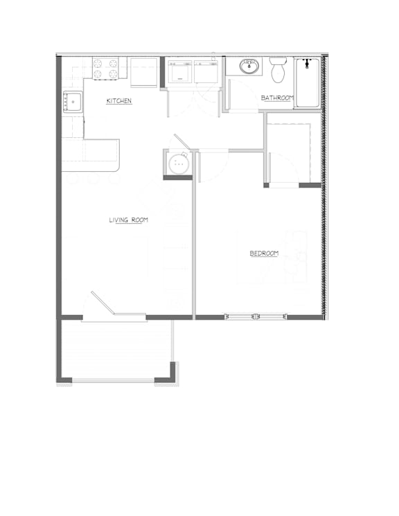 A floor plan of a small apartment with a kitchen, bathroom, living room and bedroom.