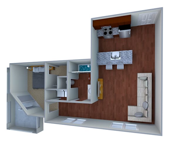 A 3D rendered image of a house layout.