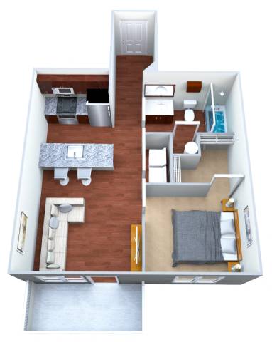 A top down view of a small apartment with a kitchen, living room, and bedroom.