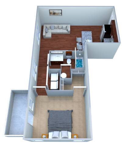 A 3D floor plan of a small apartment with a kitchen, living room, and bedroom.