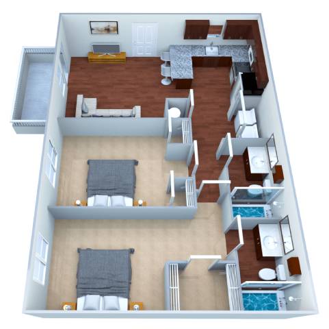 A 3D floor plan of a house with a living room, kitchen, and two bedrooms.