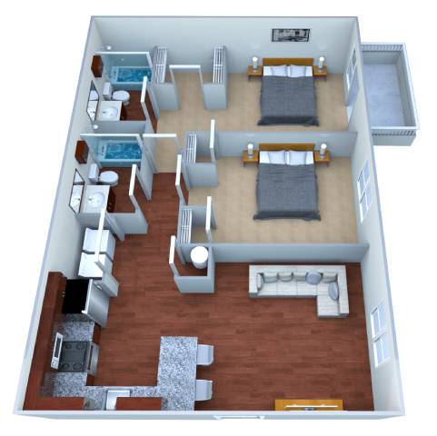 A 3D floor plan of a house with two bedrooms, a living room, a kitchen, and a bathroom.