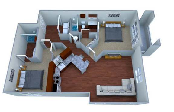 A 3D rendered image of a house layout.