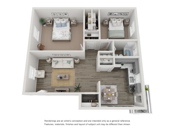a stylized floor plan of a 1 bedroom apartment