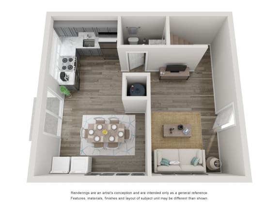 a stylized floor plan of a 1 bedroom apartment