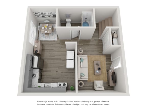a 3d floor plan of a 1 bedroom apartment