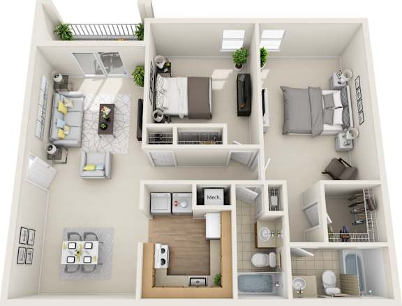 A 3D floor plan of a small apartment with a kitchen, living room, and bathroom.