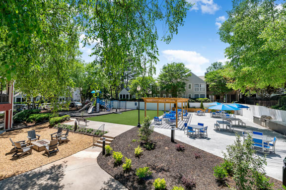 Amenity Area with Grills, Fire Pit, Seating and Playground
