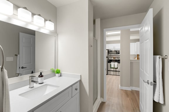 a bathroom with a large mirror and a white sink