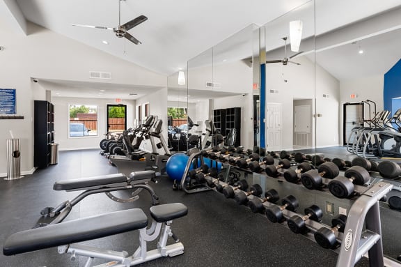 a gym with weights and dumbbells on the floor