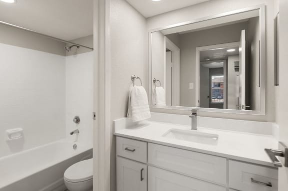 a bathroom with a large mirror and a sink and a toilet