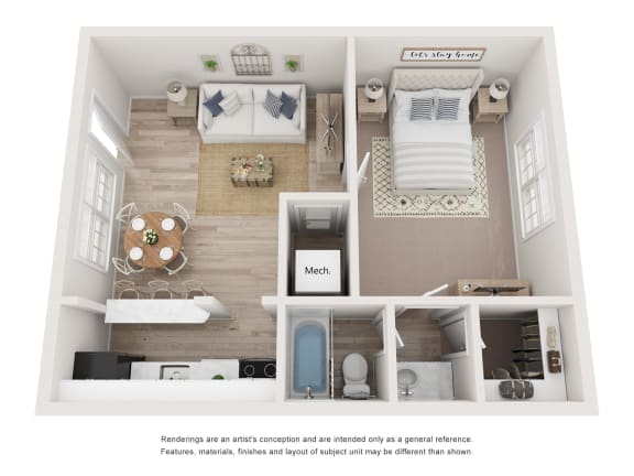 a furnished floor plan of a 1 bedroom apartment