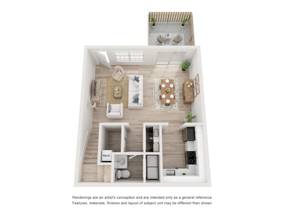 a stylized floor plan of a 1 bedroom apartment
