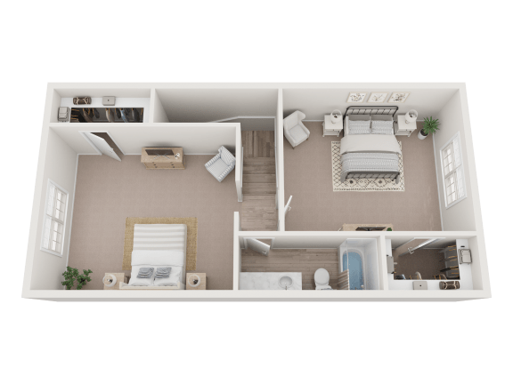 a bedroom with a bed and a living room
