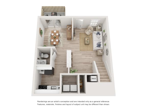 a stylized floor plan of a 1 bedroom apartment