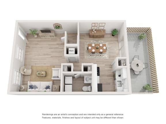 a stylized floor plan of a 1 bedroom apartment