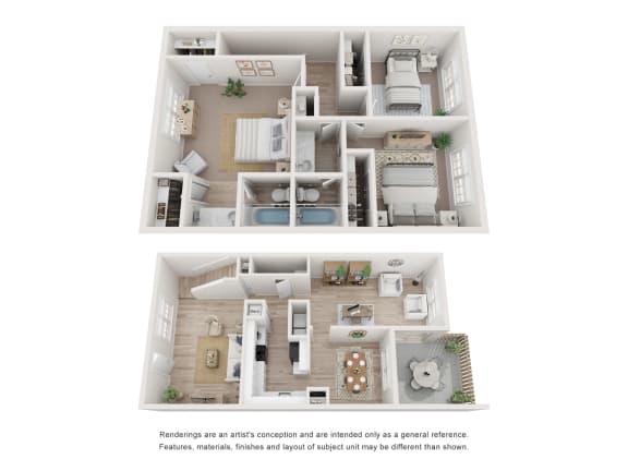 a stylized floor plan of a 2 bedroom apartment