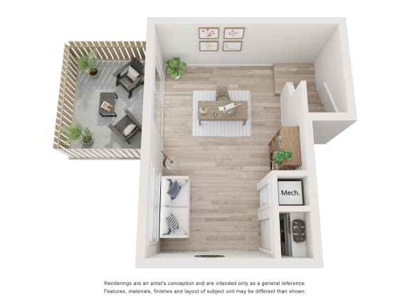 a stylized floor plan of a 1 bedroom apartment
