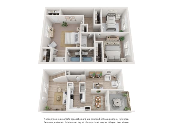 a stylized 3d floor plan of a home with a bedroom and living room
