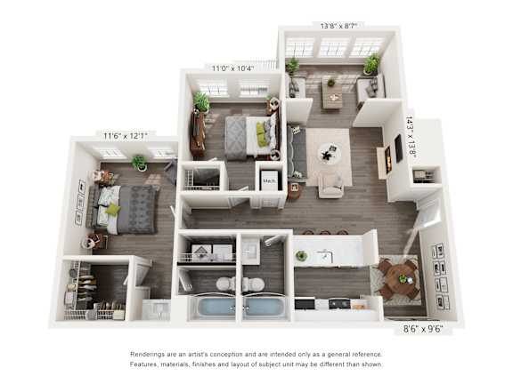 A floor plan of a two-bedroom apartment for rent with a living room, kitchen, and bathroom.