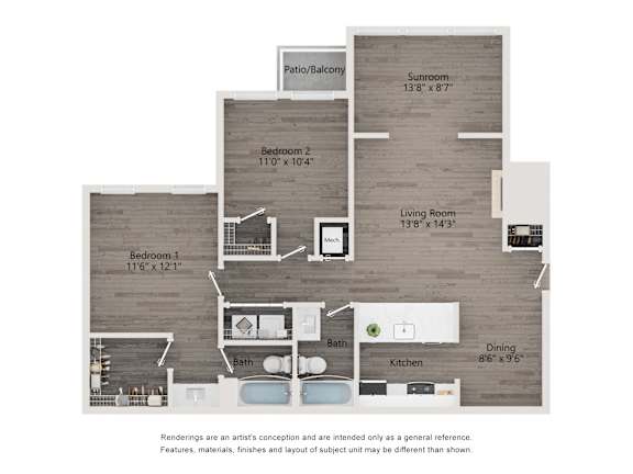 Floorplan of an apartment for rent in Alpharetta with a living room, two bedrooms, a bathroom, kitchen, and sunroom.