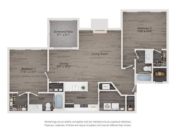 A floor plan of an apartment for rent with two bedrooms, a bathroom, a kitchen, and a screened patio.