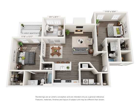 A floor plan of a 2-bedroom apartment for rent in Alpharetta, GA