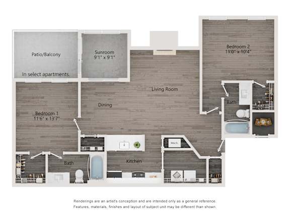 A floorplan with dimensions of a two-bedroom floorplan for rent at Station Heights