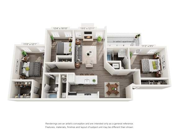3-Bedroom Floorplan with 3D furnishings at Station Heights in Alpharetta, GA